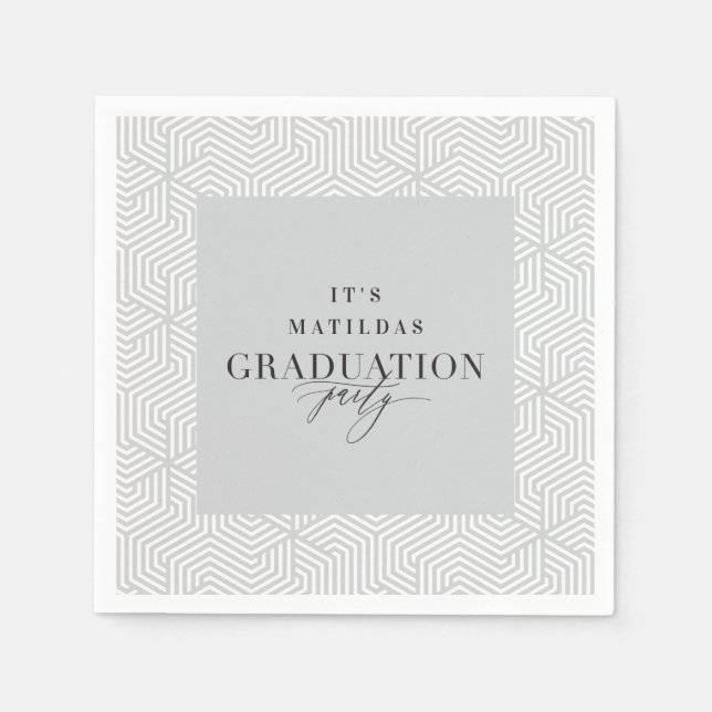 Modern geometric and script graduation party napkin (Front)