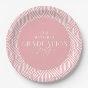 Modern geometric and script graduation party paper plate