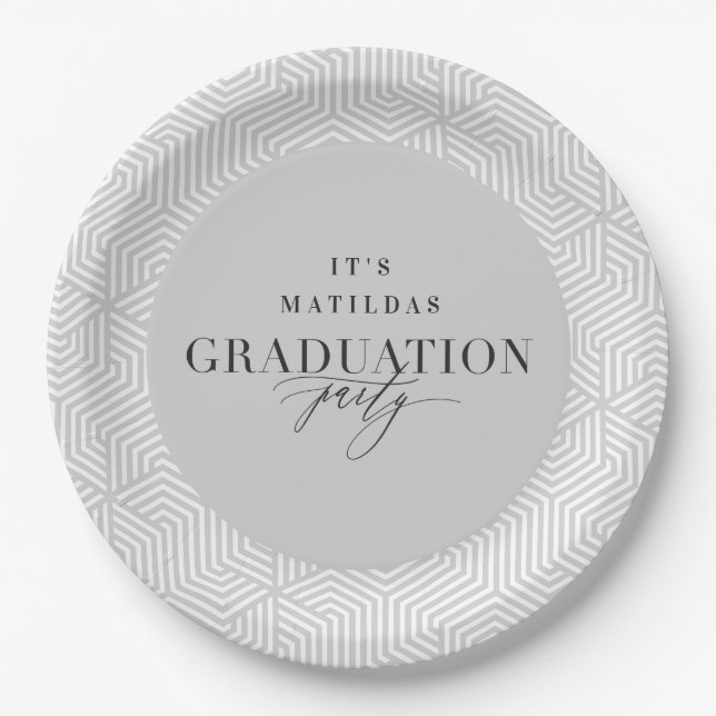 Modern geometric and script graduation party paper plate (Front)