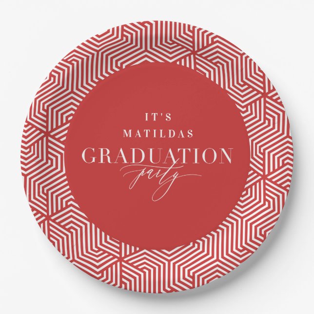 Modern geometric and script graduation party paper plate (Front)