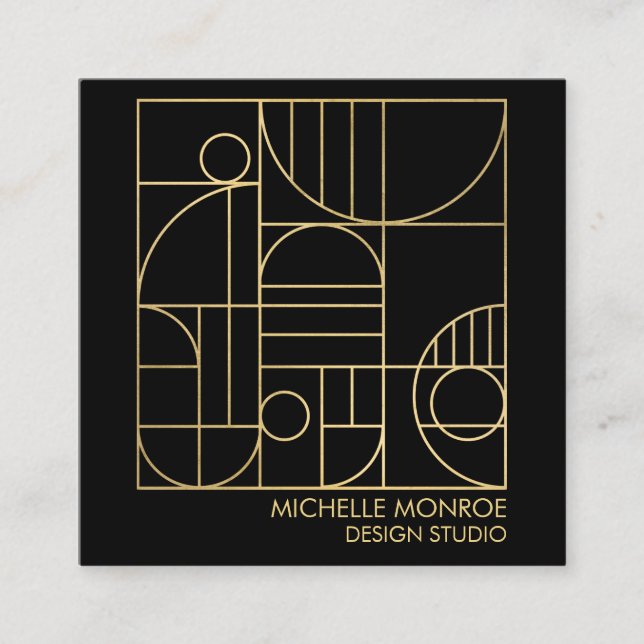 Modern Geometric Art Deco Faux Gold/Black Designer Square Business Card (Front)