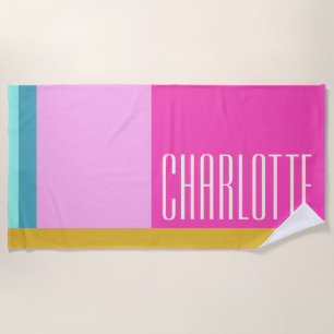 Modern Geometric Art Personalised Blue Pink Yellow Beach Towel