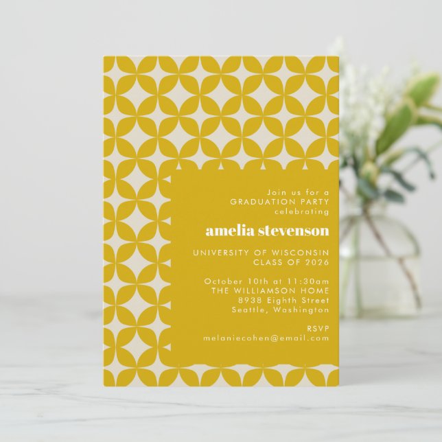 Modern Geometric Art Yellow Graduation Party Photo Invitation (Standing Front)