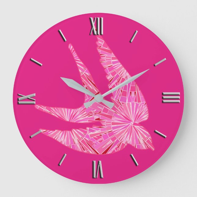 Modern Geometric Bird, Fuchsia and Light Pink Large Clock (Front)