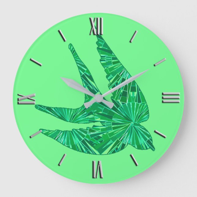 Modern Geometric Bird, Jade and Emerald Green Large Clock (Front)
