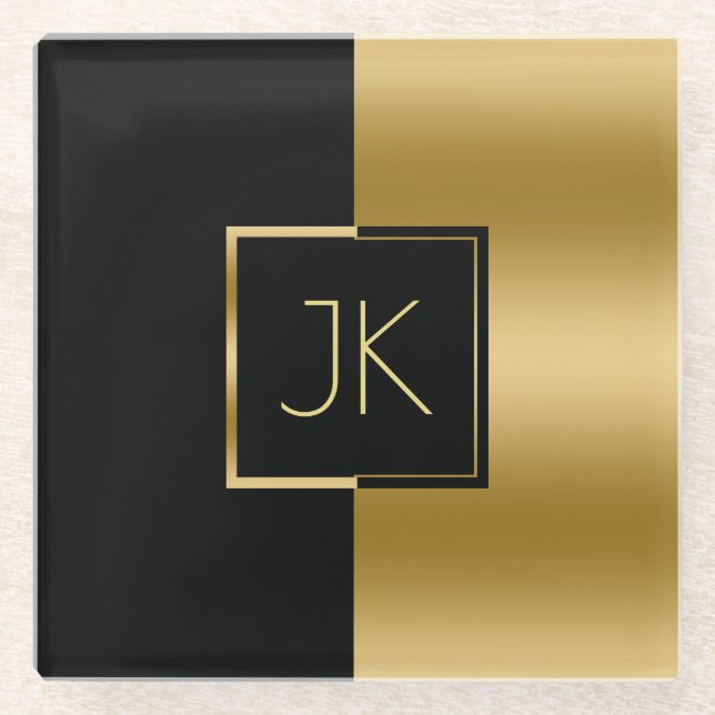 Modern Geometric Black And Gold Monogram Glass Coaster (Front)