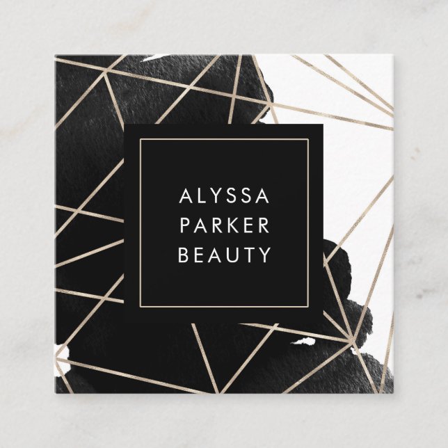 Modern Geometric Black and White Watercolor Square Business Card (Front)