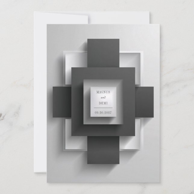 Modern Geometric Black and White Wedding  Invitation (Front)