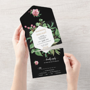 Modern Geometric Black Floral Wedding All In One Invitation