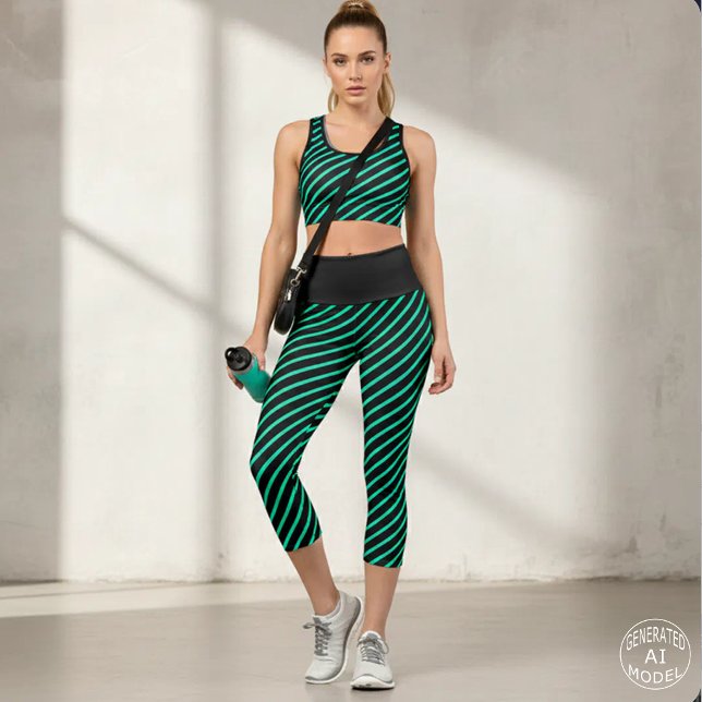 Modern Geometric Black & Teal Diagonal Stripes Capri Leggings (Creator Uploaded)