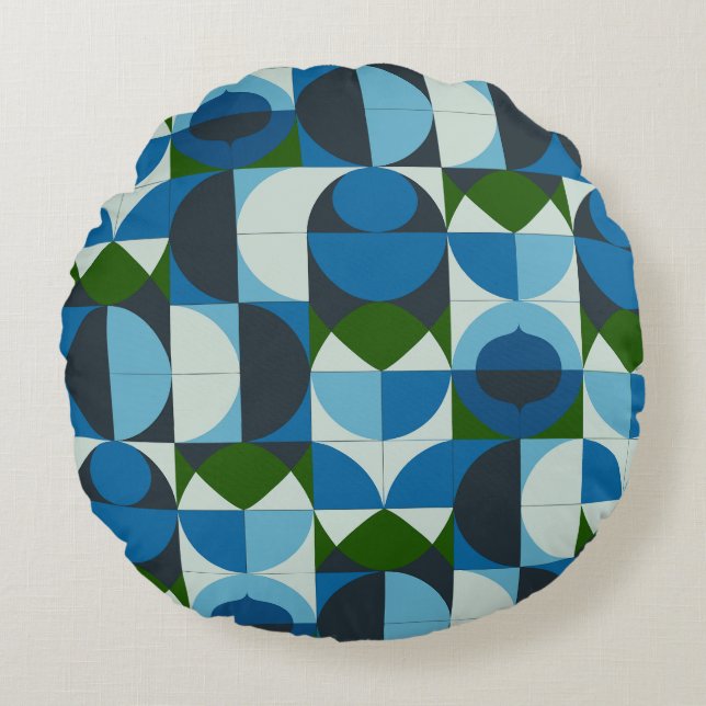 Modern Geometric Blue and Green Abstract Round Cushion (Front)