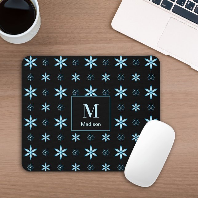 Modern Geometric Blue Floral Monogram Mouse Pad (Creator Uploaded)