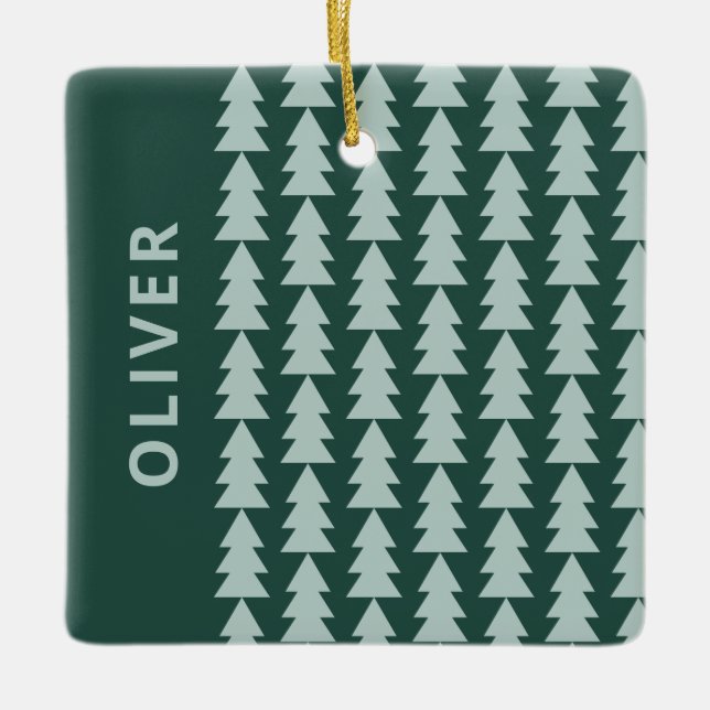 Modern geometric blue green Christmas tree graphic Ceramic Ornament (Front)