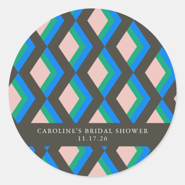 Modern Geometric Blue Green Custom Bridal Shower Classic Round Sticker (Front)