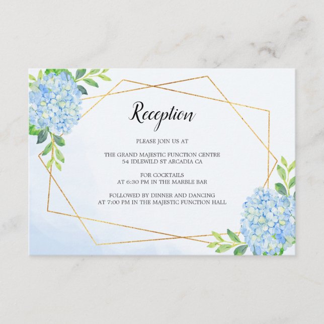 Modern Geometric Blue Hydrangea Wedding Reception Enclosure Card (Front)