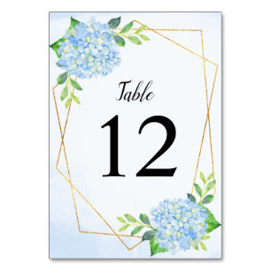 Modern Geometric Blue Hydrangea Wedding Table Number