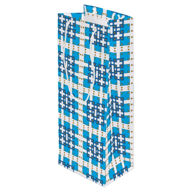 Modern geometric blue SEA squares pattern Wine Gift Bag (Back Angled)