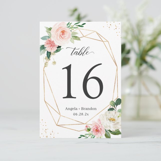 Modern Geometric Blush Floral Wedding Table Number (Standing Front)