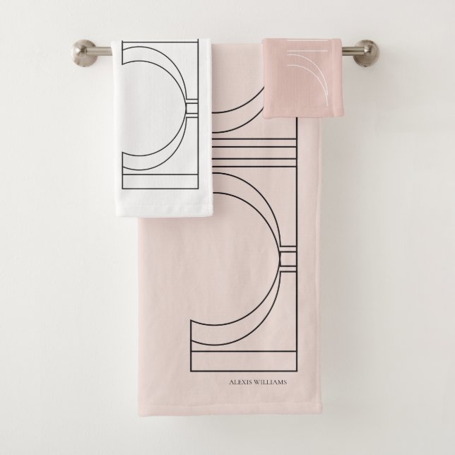 Modern Geometric Blush Pink White Bath Towel Set (Insitu)