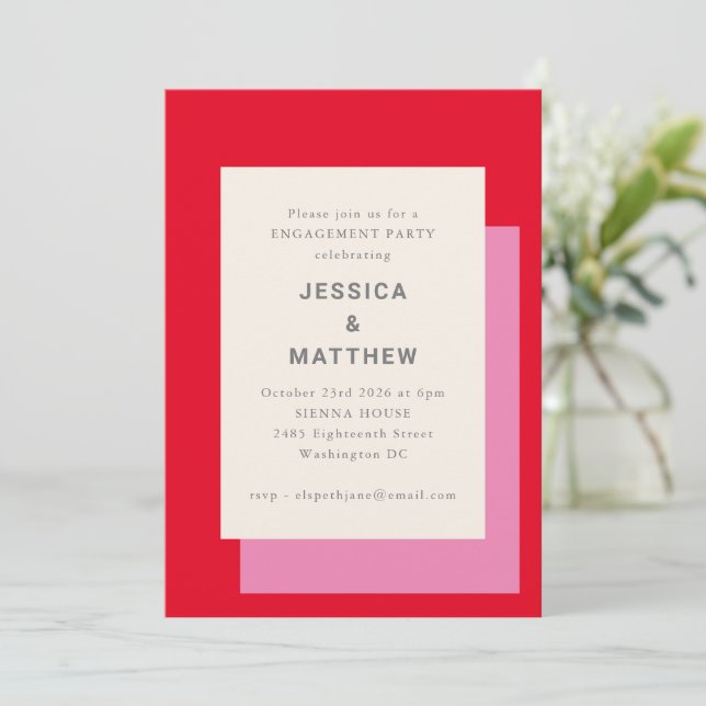 Modern Geometric Bold Pink Red Engagement Party Invitation (Standing Front)