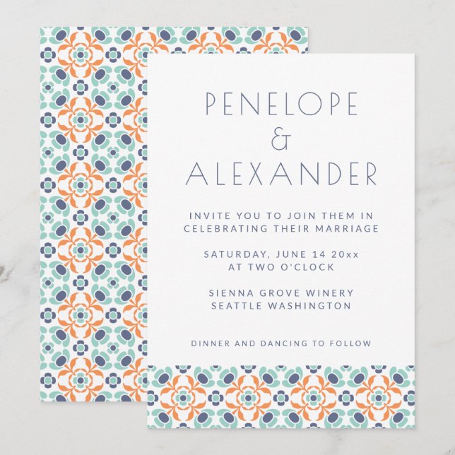 Modern Geometric Botanical Blue Orange Wedding Invitation (Front/Back)