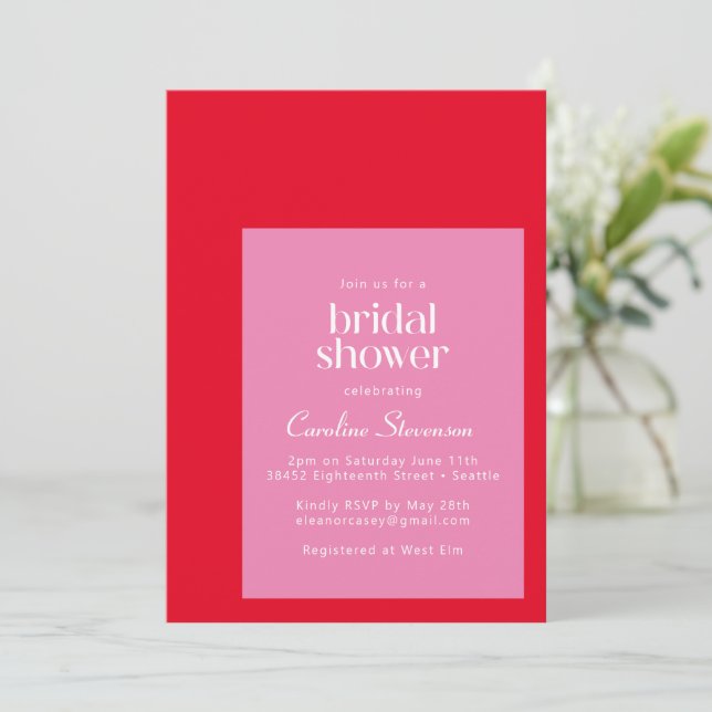Modern Geometric Bright Pink Red Bridal Shower Invitation (Standing Front)