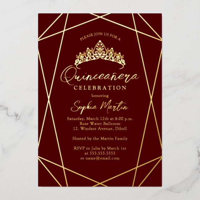 Modern Geometric Burgundy Gold Quinceanera (Front)