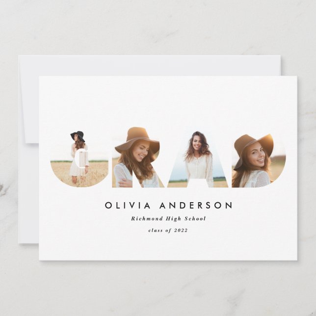 Modern geometric burgundy multi photo graduation announcement (Front)