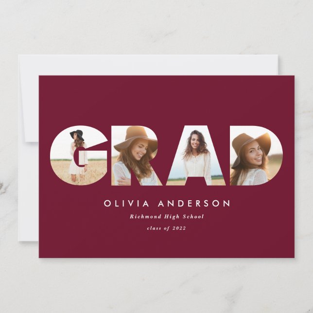 Modern geometric burgundy multi photo graduation announcement (Front)