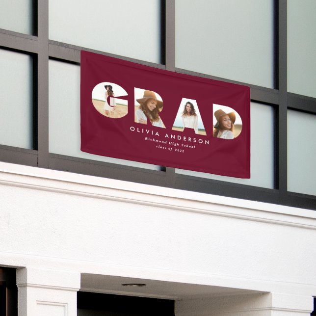 Modern geometric burgundy multi photo graduation banner (Outside Building)
