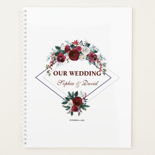 Modern Geometric Burgundy Navy Blue Floral Wedding Planner (Front)