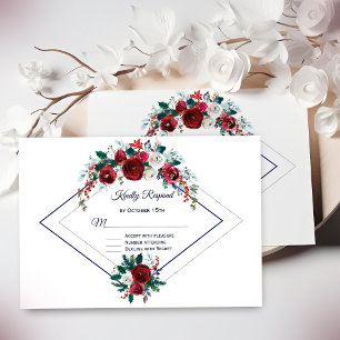Modern Geometric Burgundy Navy Blue Floral Wedding RSVP Card
