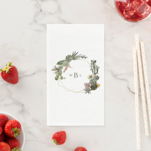 Modern Geometric Cactus Monogram White Custom Napkin