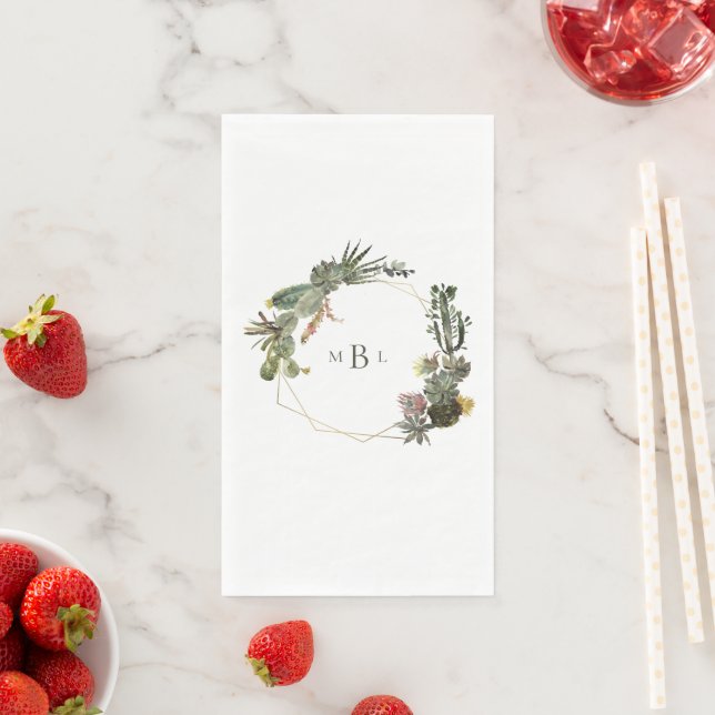 Modern Geometric Cactus Monogram White Custom Napkin (Insitu)