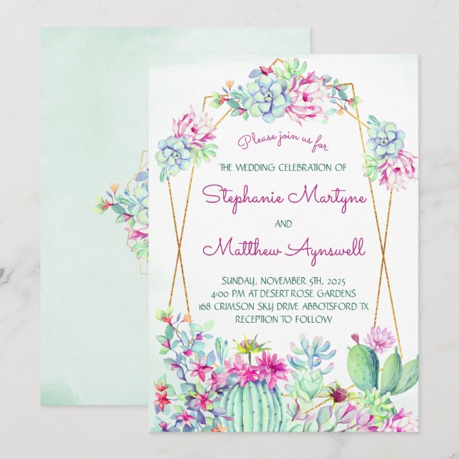 Modern Geometric Cactus Succulent Foliage Wedding Invitation (Front/Back)