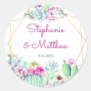 Modern Geometric Cactus Succulents Floral Wedding Classic Round Sticker