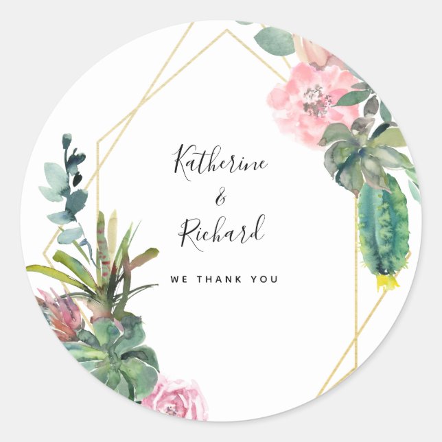 Modern Geometric Cactus Wedding Name Thank You  Classic Round Sticker (Front)