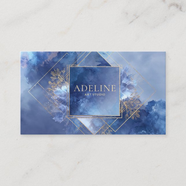 Modern Geometric Celestial Blue Watercolor Business Card (Front)
