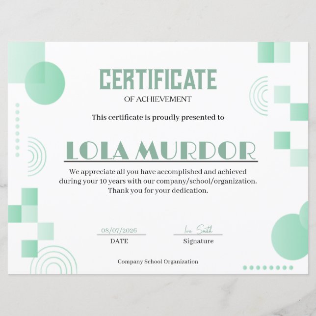 Modern Geometric Certificate of Achievement Minima (Front)