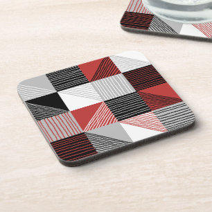 Modern Geometric Checkers, Black, Red, Grey Coaster