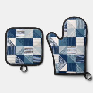 Modern Geometric Checks with Lines in Blue Oven Mitt & Pot Holder Set