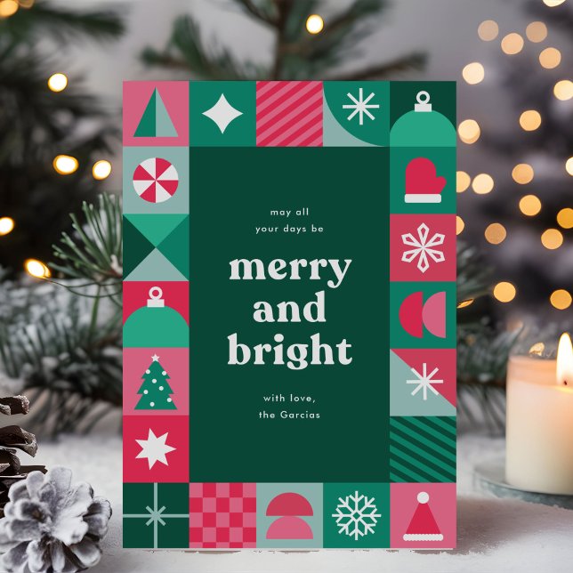 Modern Geometric Christmas Icons Greeting  Holiday Card (fun, modern, geometric Christmas greeting card with Merry and Bright message)