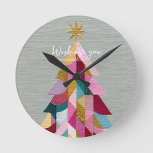 Modern Geometric Christmas Tree Round Clock