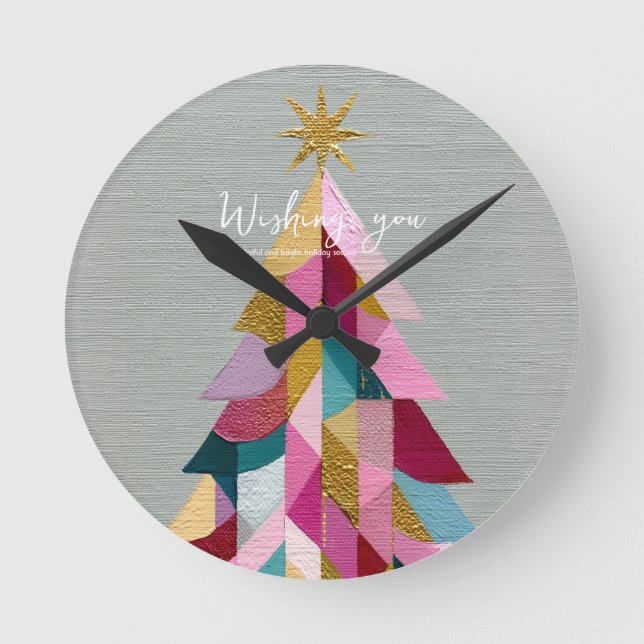 Modern Geometric Christmas Tree Round Clock (Front)