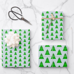 Modern Geometric Christmas Trees on Green on Blue Wrapping Paper Sheet