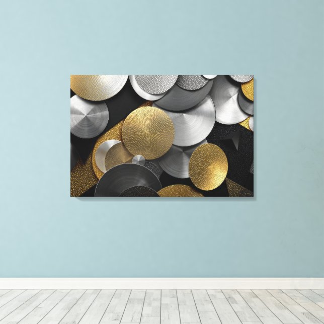 Modern Geometric Circles in Gold and Silver Canvas Print (Insitu(Wood Floor))