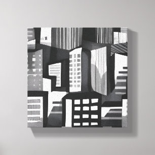 Modern Geometric City Black & White Contemporary Canvas Print
