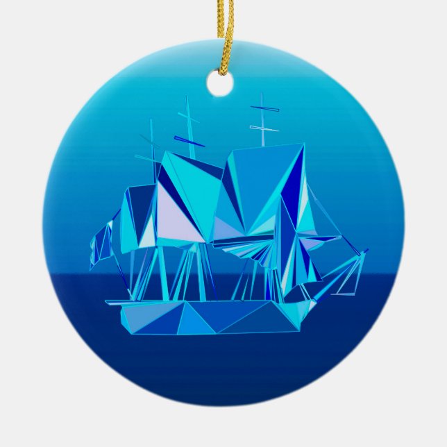 Modern Geometric Clipper Ship, Cobalt Blue Ceramic Tree Decoration (Front)