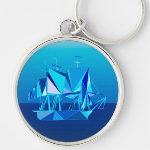 Modern Geometric Clipper Ship, Cobalt Blue Key Ring