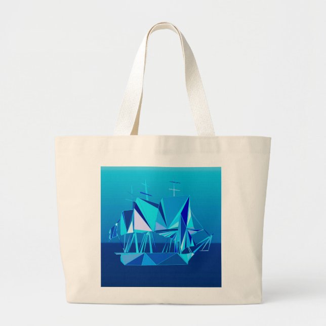 Modern Geometric Clipper Ship, Cobalt Blue Large Tote Bag (Front)